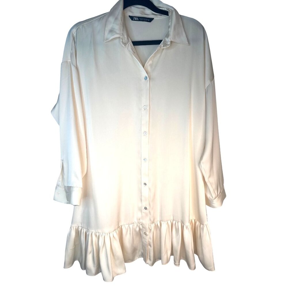 ZARA Cream Medium Satin Button-Up Drop Sleeve Ruffle Hem Shirt Dress - Picture 2 of 14